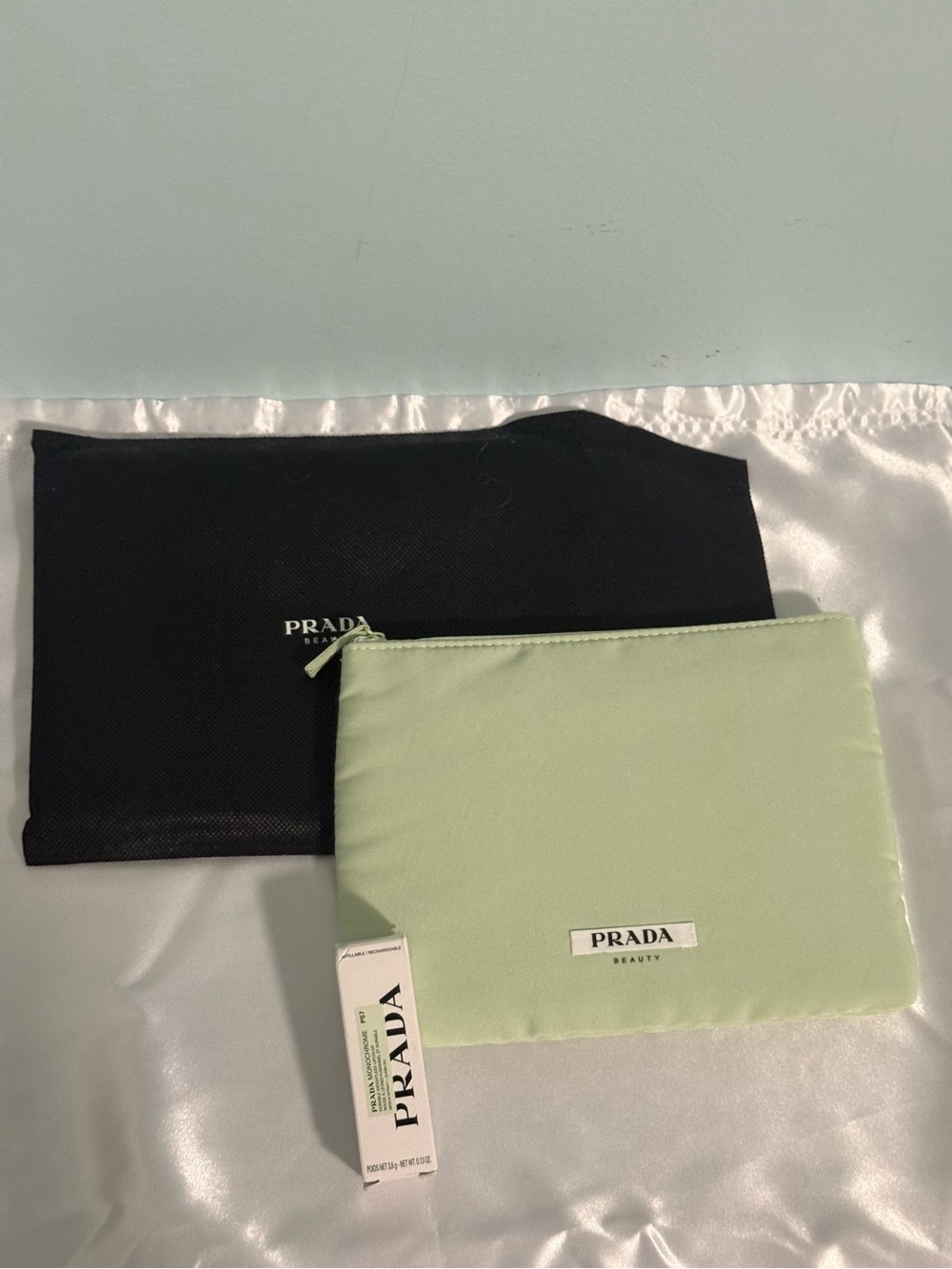 Prada Beauty cosmetic Pouch in Mint Green with Prada Matte Monochrome lipstick!
